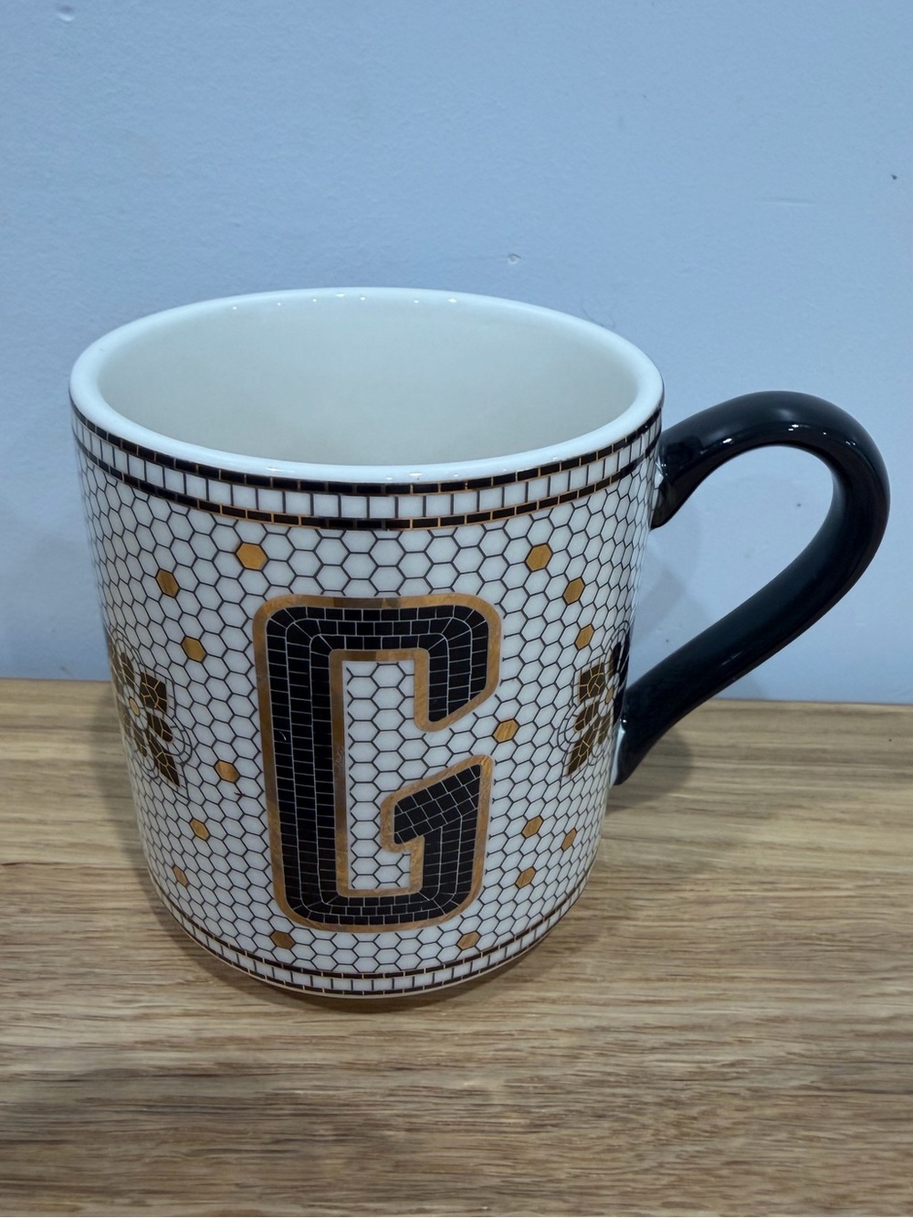Anthropologie‎ Tiled Margot Monogram Mug G White Black Gold Bistro Tile Cup